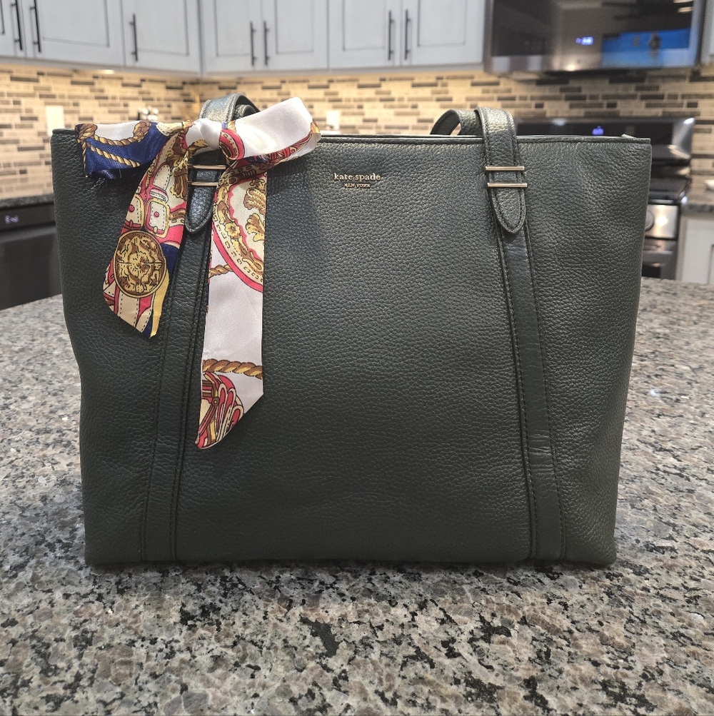 kate spade Dark Green Pebbled Leather Tote with Decorative Scarf
